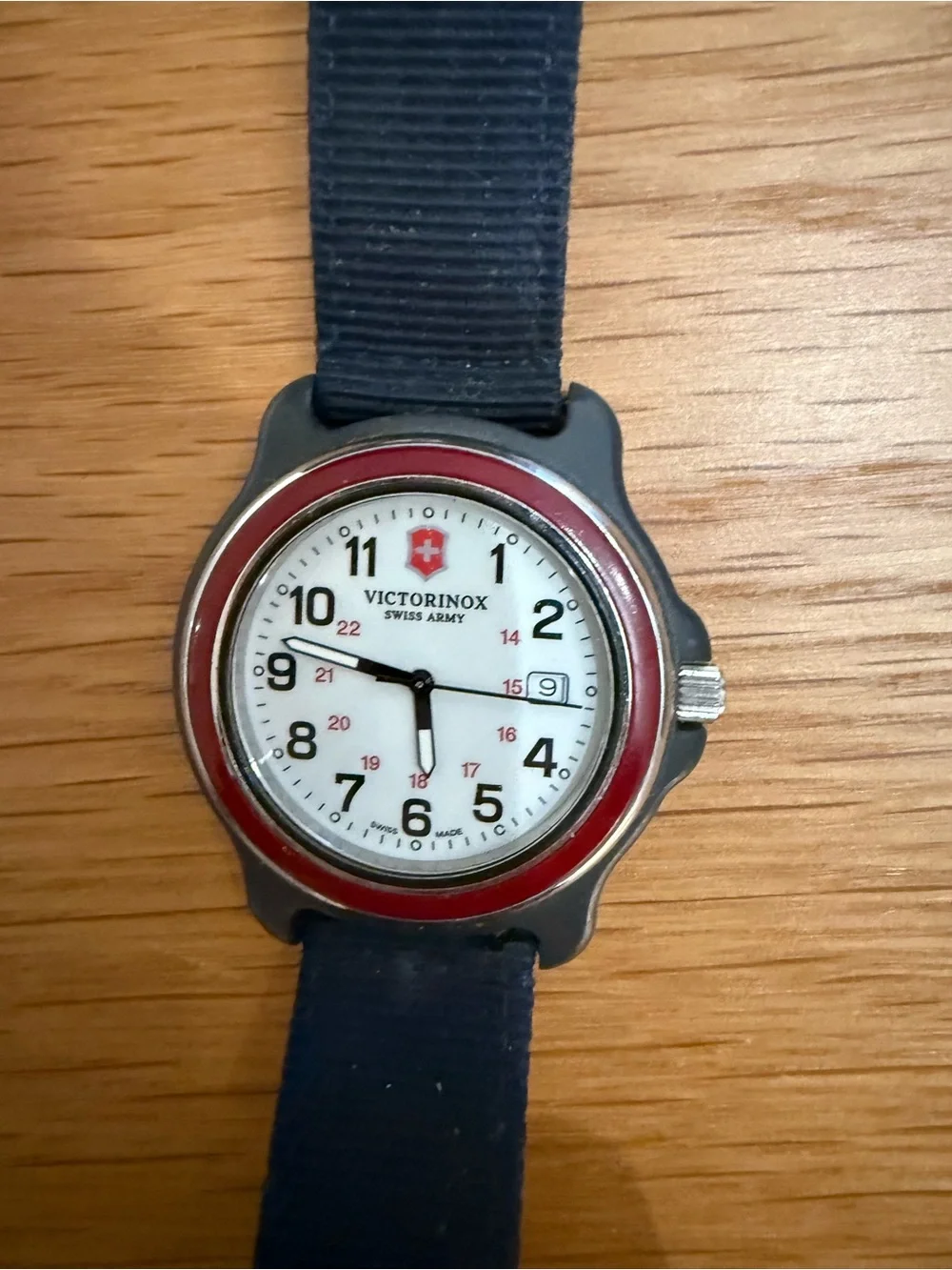 Vintage Victorinox Swiss Army Watch White Dial Red Bezel Date Nylon Strap Swiss